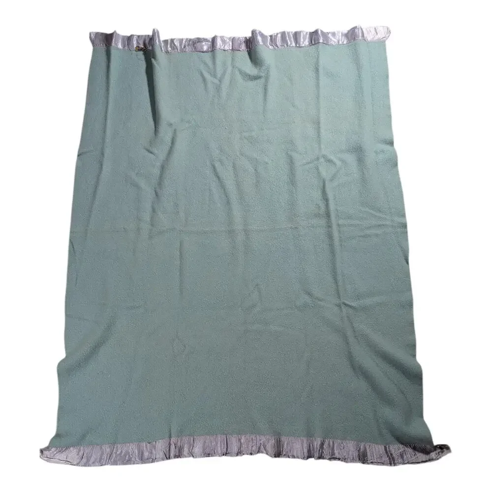 Vtg 1970s Harmony House Seafoam Green Wool Satin Edge Throw Blanket 56 x 70